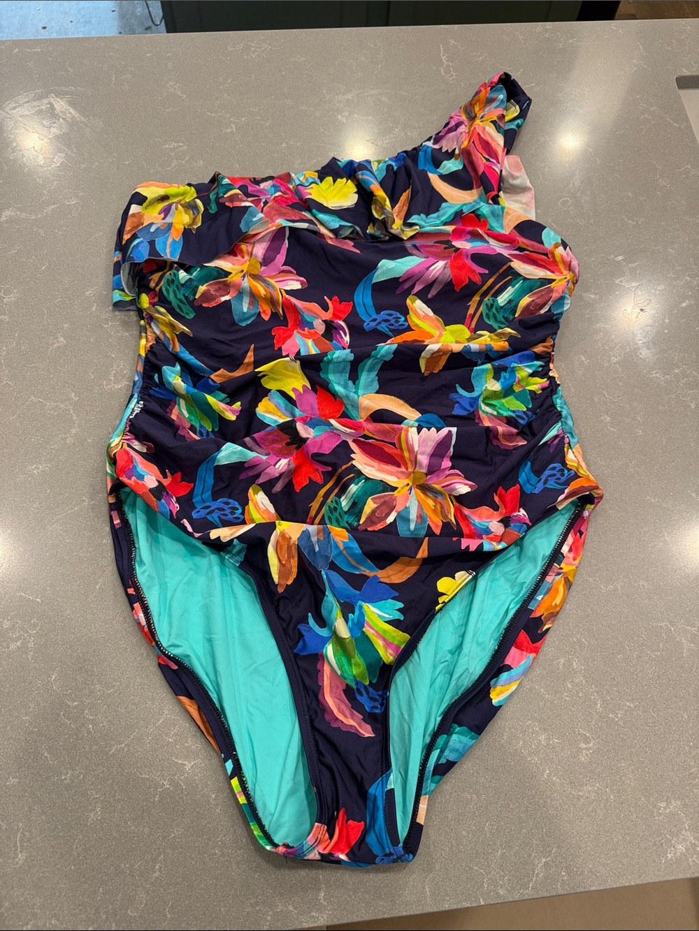 La Blanca Navy Multicolor One-Shoulder Floral Swimsuit 18w
